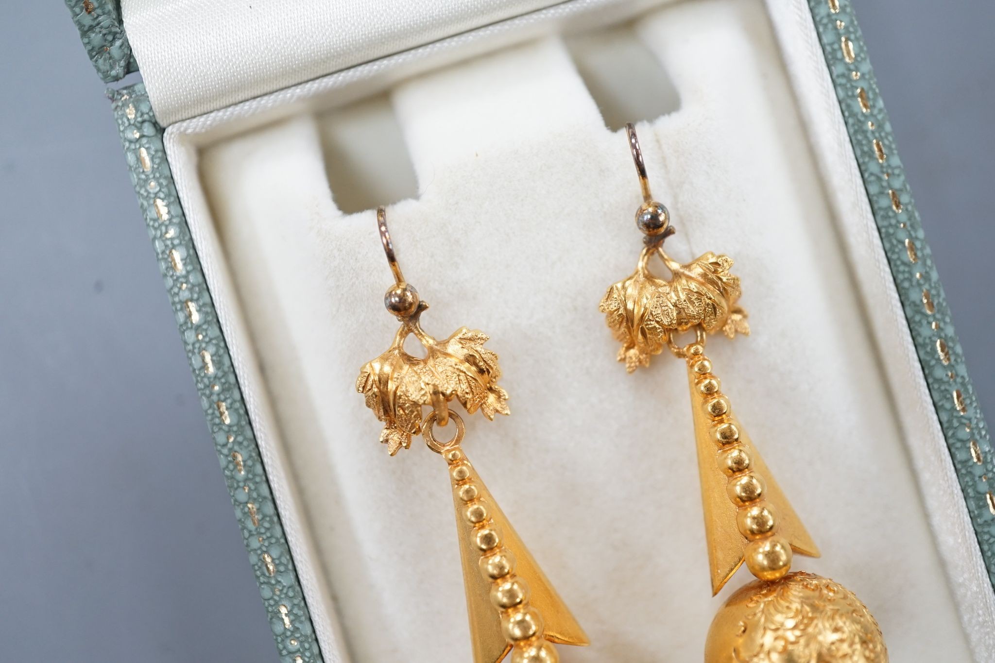 A pair of yellow metal drop earrings, 43mm